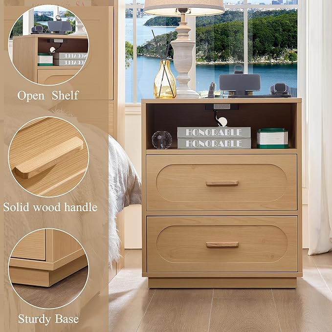Nightstand Set of 2 with Charging Station, End Table with 2 Drawers Storage, Space-Saving Wood Storage Cabinet with Unique Base Design, Bedside Table for Bedroom, Living Room