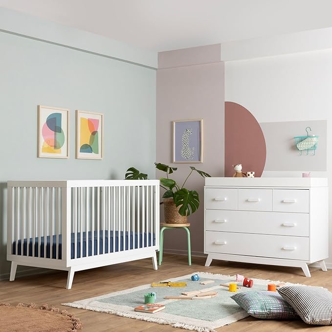 dadada Soho Baby Nursery Furniture Set. Baby Crib and Dresser Set Combo. Soho 3 in 1 Convertible Crib and 5 Drawer Nursery Dresser. White Beechwood