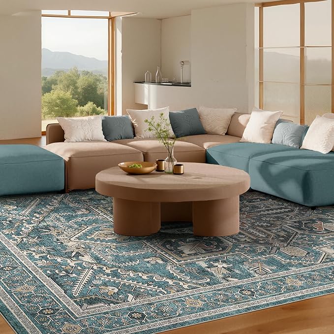 WITSHOCK Teal 10x14 Large Living Room Rugs: Washable Modern Vintage Boho Soft Low Pile Stain Resistant Foldable Carpet for Bedroom Playroom Dining Room Office, Distressed Farmhouse Floral Home Decor