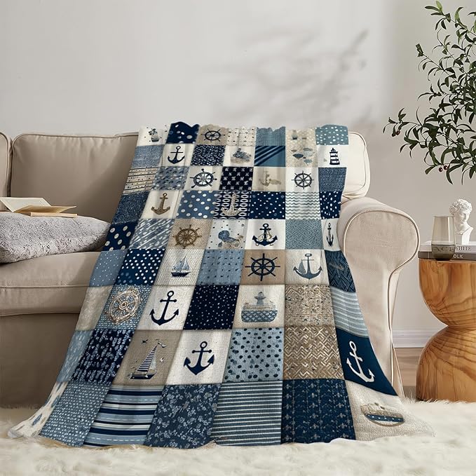 Nautical Blanket Ocean Sea Throw Blanket Sailboat Anchor Soft Cozy Fleece Fuzzy Stuffed Plush Flannel Gifts for Girls Women Boys Kids Adults 40''x50''