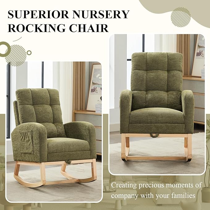 Nursery Rocking Chair, Polyester Upholstered Glider Chair with Footrest, Comfy Rocker Chair, Accent Chair with High Backrest, Glider Rocker, Armchair for Living Room (Green Linen)