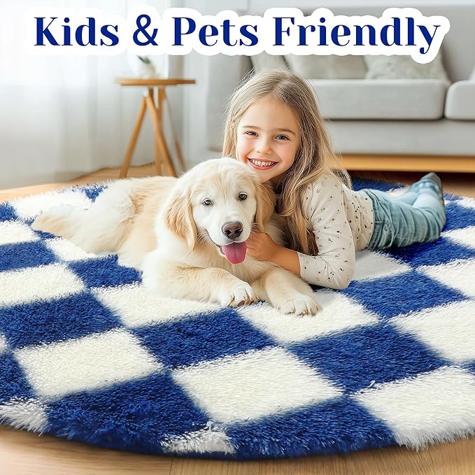 KICMOR Round Rugs 5ft Blue and Cream White Circle Area Rug, Fluffy Soft Fuzzy Shag Shaggy Bedroom Living Room Carpet, Indoor Checkered Circular Rug for Kids Boys Girls Home Decor Aesthetic, Nursery
