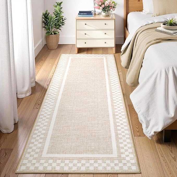 Washable Runner Rug 2x10 Modern Bordered Hallway Runner Rug Non Slip Kitchen Throw Carpet Checkered Bathroom Entryway Runner Rugs Low Pile Solid Area Rugs for Living Room Bedroom Nursery Sink, Beige