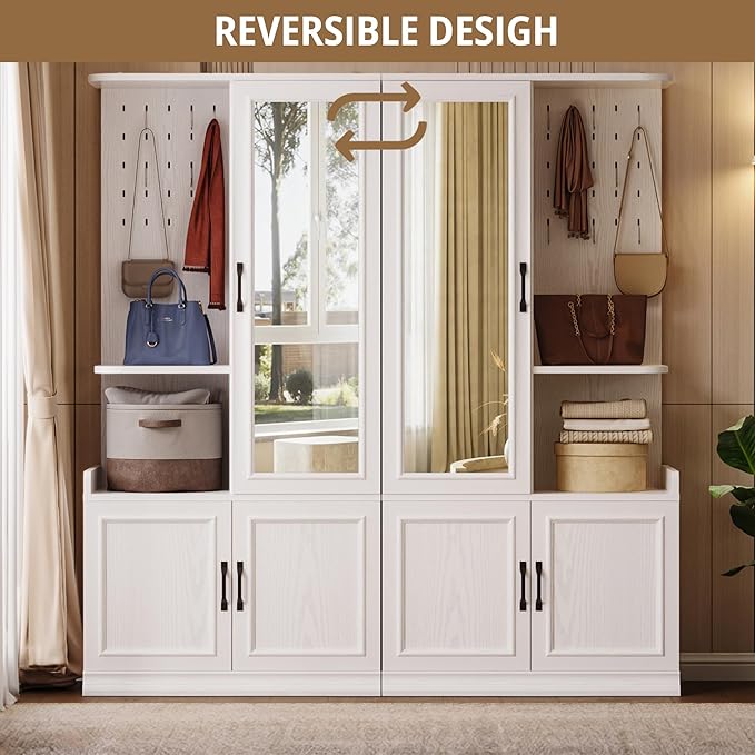 LIKIMIO Armoire Wardrobe Closet, 70" H Wooden Bedroom Armoire with Mirror, 2 Cabinet, Pegboard and a Open Shelf, Large Freestanding Clothing Storage Cabinet with 3 Doors, White