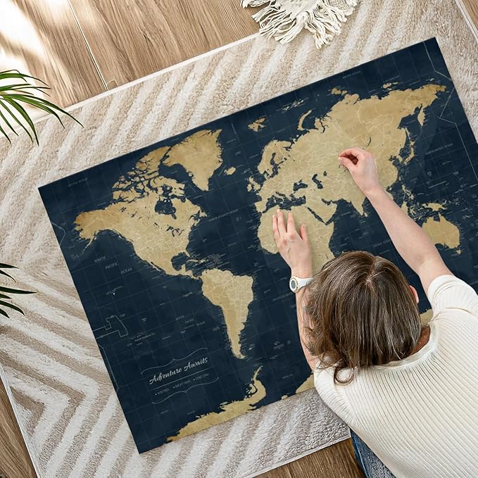 ElephantStock - Adventure Awaits World Map With Push Pins Wall Art - Horizontal Canvas Wall Art - Living Room Wall Decor - Digital Art Map Canvas Art - Gold And Blue Decor - 45" x 30"