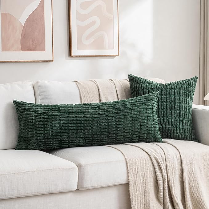 Fancy Homi 2 Packs Hunter Green Decorative Throw Pillow Covers 18x18 Inch for Couch Bed Sofa, Forest Green Boho Home Decor, Soft Plush Corduroy Cute Emerald Green Square Cushion Case 45x45 cm