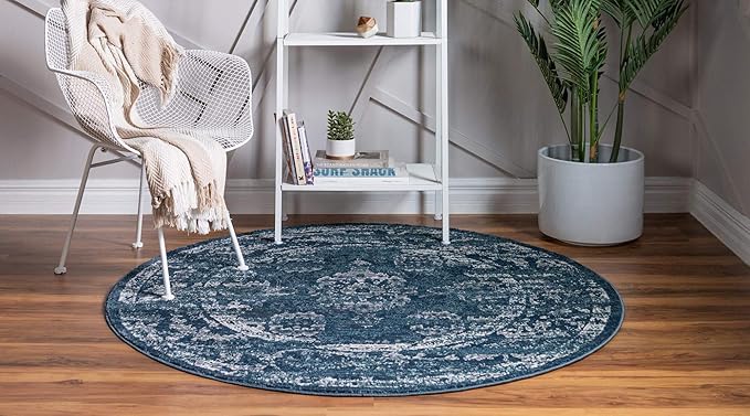 Rugs.com Charleston Collection Rug – 5 Ft Round Navy Blue Low-Pile Rug Perfect for Kitchens, Dining Rooms