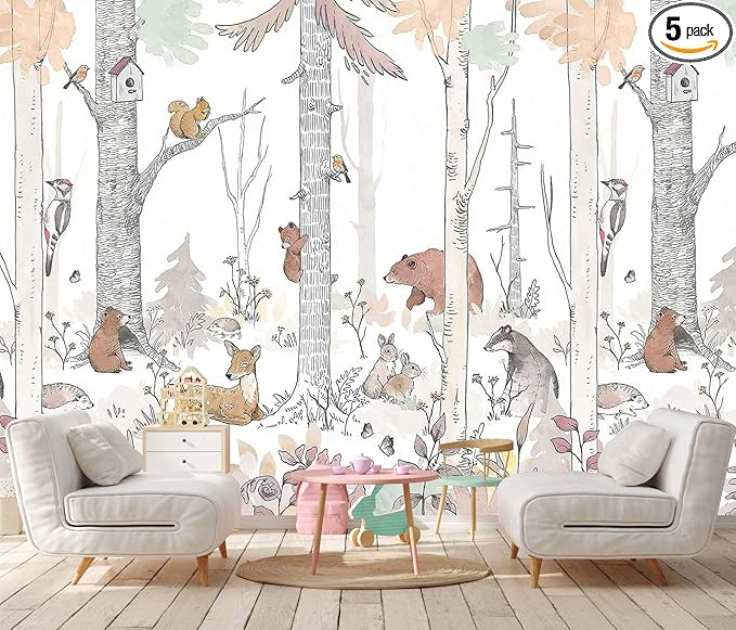 Kids Tree Wallpaper Mural Cute Animals Plants Birds Wallpaper for Nursery Boys Girls Bedroom Living Room (Not Self-Adhesive)