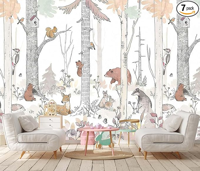 Kids Tree Wallpaper Mural Cute Animals Plants Birds Wallpaper for Nursery Boys Girls Bedroom Living Room (Not Self-Adhesive)