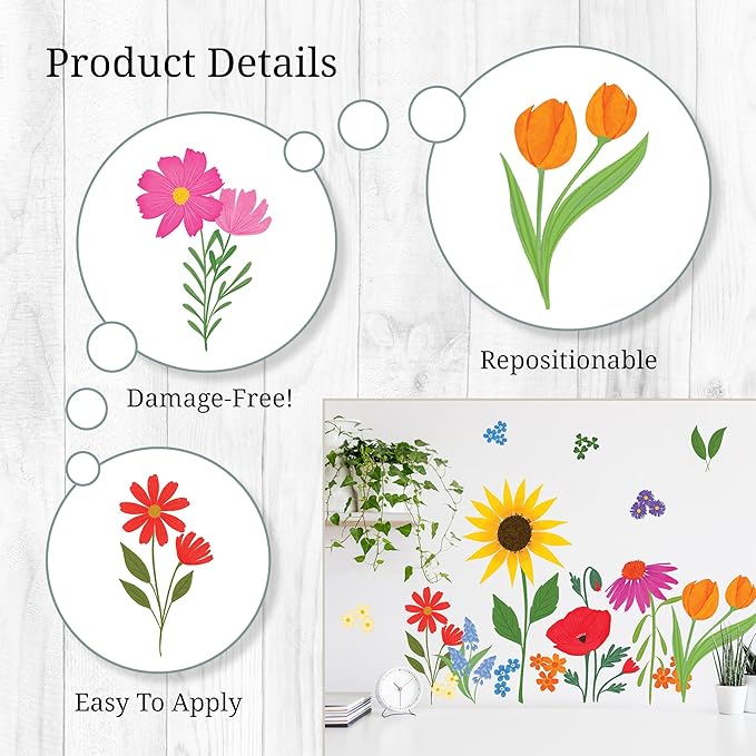 Wildflower Wall Decals - Set of 33 Vinyl Flower Room Decor Peel and Stick Removable Floral Stickers for Nursery Bedroom Bathroom