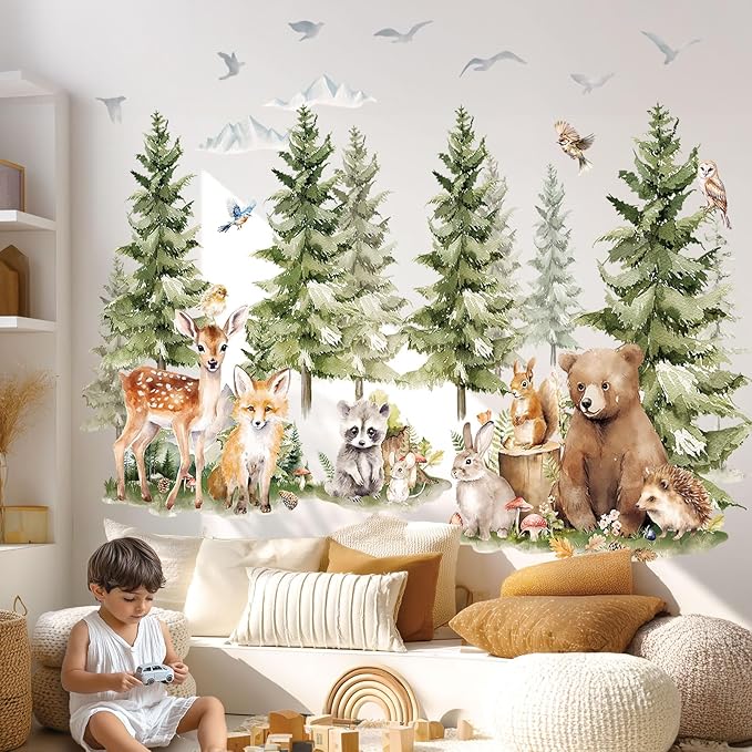 DECOWALL SG4-2422 Large Pine Trees and Forest Animals Wall Decal Stickers Mountain Bear Fox Peel and Stick Wall Art Decals for Kids Room Baby Nursery Woodland Wallpaper Living Bedroom