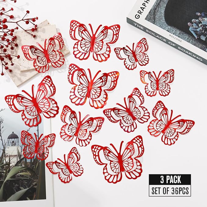 36PCS Butterfly Wall Decals - 3D Butterflies Wall Stickers Removable Mural Decor Wall Stickers Decals Home Decor Kids Room Bedroom Decor Living Room Decor (Red)