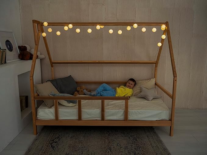 BUSY WOOD Montessori Bed for Toddlers - Cozy House Bed for Kids - Wooden Loft Toddler Bed Frame - House Bed Frame - Montessori Bed with Rails - Toddler Bedroom Furniture (Model 1, Legs and Slats)