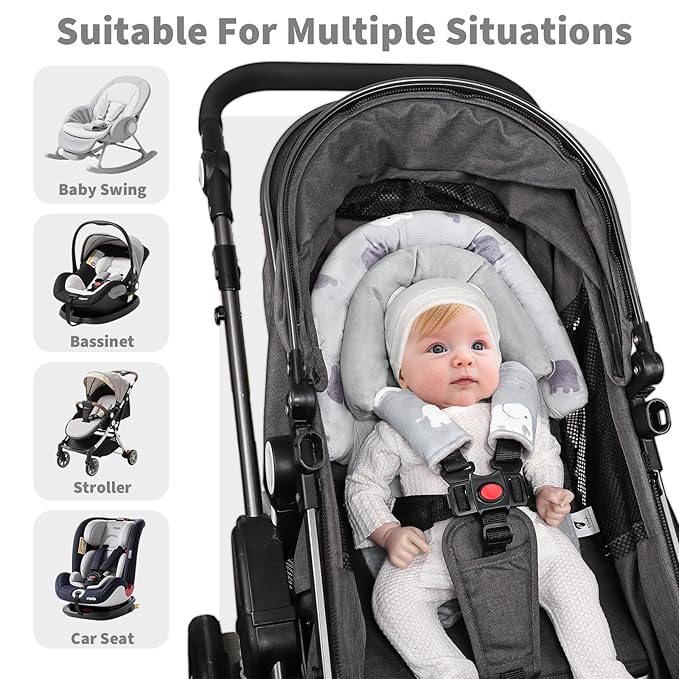 Baby Car Seat Head Support with Extra Headrest, 2-in-1 Babybody Supports with Shoulder Pads Set for Newborn, Adjustable Infant Car Seat Insert Compatible with Stroller, Baby Swing, (Grey Elephant)