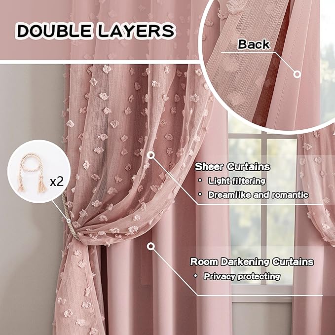 MYSKY HOME Pink Curtains for Girls Bedroom 84 Inches Long Blackout Nursery Curtains Double Layer Pink Pom Pom Sheer Overlay for Kids Toddler Grommet Privacy Room Darkening Window Drapes 52" x 84"