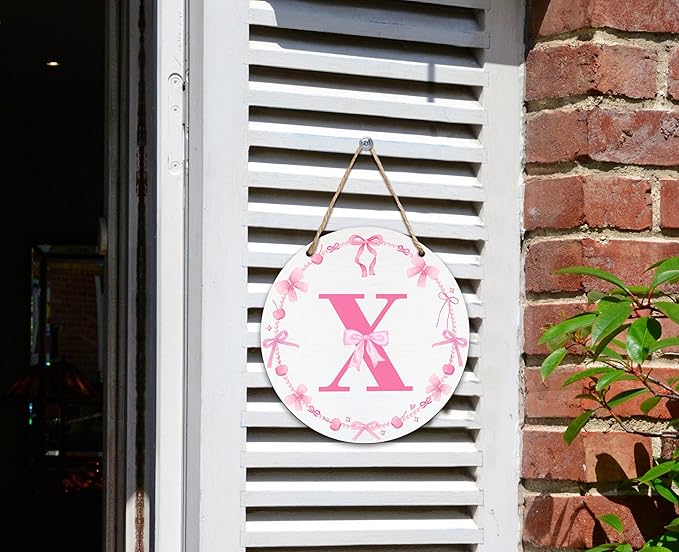 Monogram Round Sign For Front Door, Cherry Bow Theme Sign For Porch Art Wall Door, Initial Signs Hanging Ornament For Indoor Outdoor, Decorations Gifts For Four Seasons Rustic Home Kitchen, X, A24