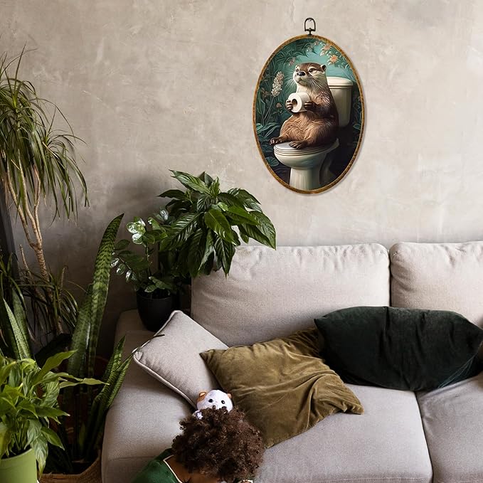 Hiuwevt Otter Toilet Bathroom Oval Wall Art Decor, Funny Floral Sea Otter Framed Canvas Prints, Vintage Green Botanical Animal Oval Wall Hanging Decor for Bathroom Decorations, 8.6x11.4 Inches