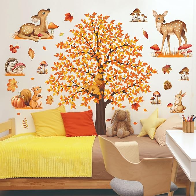 Large Autumn Fall Maple Tree Wall Decals Woodland Animals Creactures Mushroom Wall Stickers for Autumn Party Decorations Bedroom Living Room Wall Decor