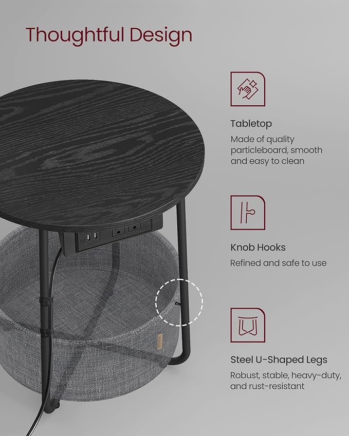 VASAGLE LILEA Collection - Side Table with Charging Station, Round End Table with Fabric Basket, Nightstand with USB Ports, for Living Room, Bedroom, Modern, Ebony Black and Slate Gray ULET228B01