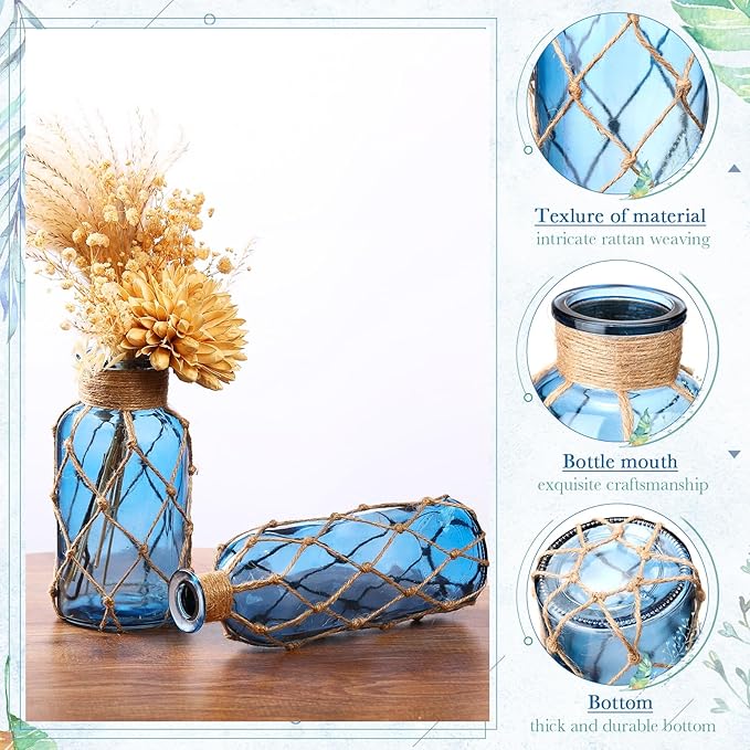 Chuangdi Set of 2 Coastal Glass Vases for Flower Small Flower Vase with Boho Rope Wrapping Beach Decorative Bottle for Coastal Nautical Table Centerpiece Wedding Floral Arrangement Decor (Navy Blue)