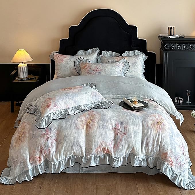 HighBuy Farmhouse Floral Linen Duvet Cover Set Twin Blue Ruffle Bedding with Zipper Closure,Yarn-Dyed Cotton Cooling & Textured Bedding Set for Hot Sleepers - 1 Duvet Cover and 2 Pillowcases