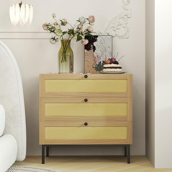 Rattan Dresser, Boho Dresser with 3 Drawers, Modern Dressers with Iron Legs, Wooden Dressers for Bedroom, Hallway, Office, Yellow