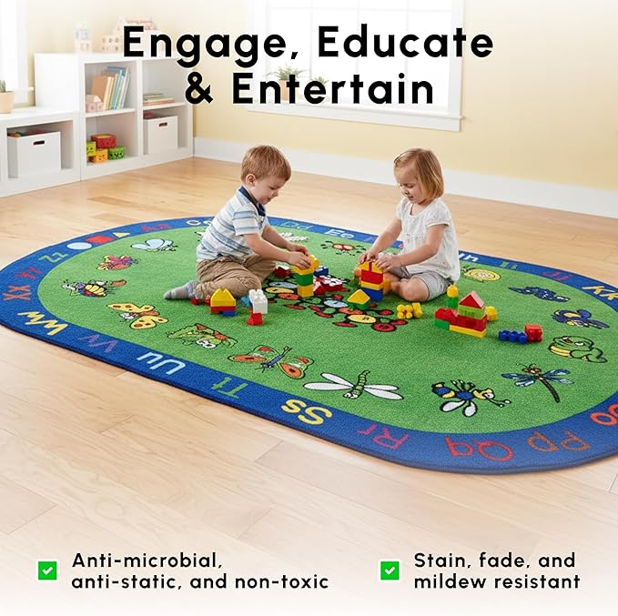 SAFECASTLE Kids Carpet Kritters Alphabet Rug 5'4" x 7'8"– Colorful Oval Educational Area Rug with Letters, Numbers & Insects, Learning Carpet for Toddlers, Preschool, Classroom, Daycare & Playroom