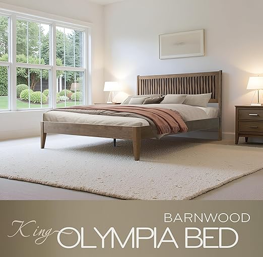 King Size Bed Frame, Solid Wood Platform Bed with Headboard & Footboard, 12 Sturdy Slatted, Central Metal Legs, Easy Assembly, Noise & Anti-Slip, No Box Spring Needed, Barnwood Finish, OLK-30