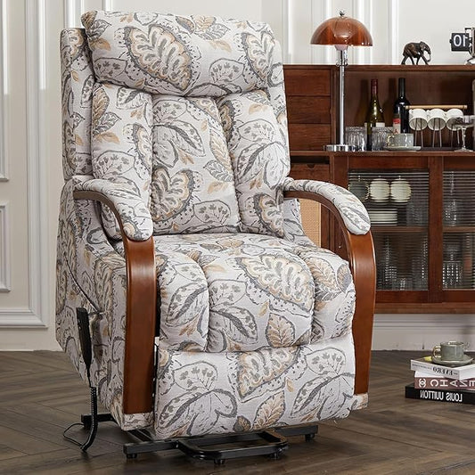 DYNOX 300 LBS Small Lift Chair Recliner with Heat and Massage, Dual Motor Power Lift Sofa for Elderly, Infinite Adjust for Back and Footrest (9185, Leaf Print, Linen Fabric)
