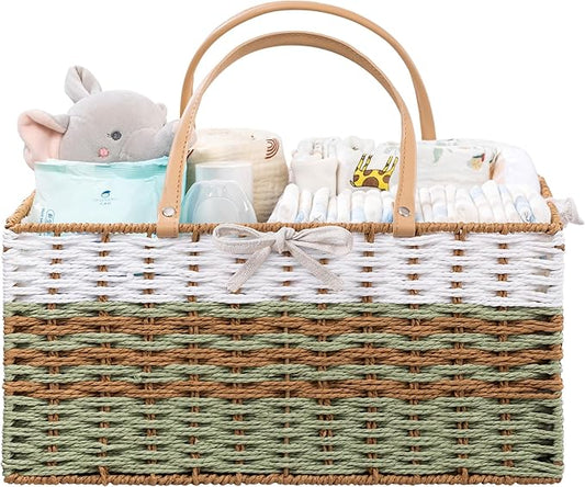 HBlife Large Diaper Caddy Organizer, Portable Paper Rope Woven Basket with Divider, Nursery Diaper Station Organizer, Baby Shower Gifts Basket & Car Organizer, Newborn Essentials
