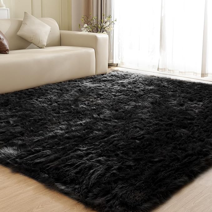 Washable Area Rugs 9x12 Living Room Large Black Faux Sheepskin Shaggy Fur Rug for Nursery Fluffy Rug for Bedroom Rectangle
