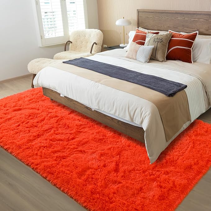 Merelax Soft Modern Indoor Shaggy Area Rug for Bedroom Livingroom Dorm Kids Room Home Decorative, Non-Slip Plush Fluffy Furry Fur Rugs Comfy Nursery Accent Floor Carpet 5x8 Feet, Orange Red