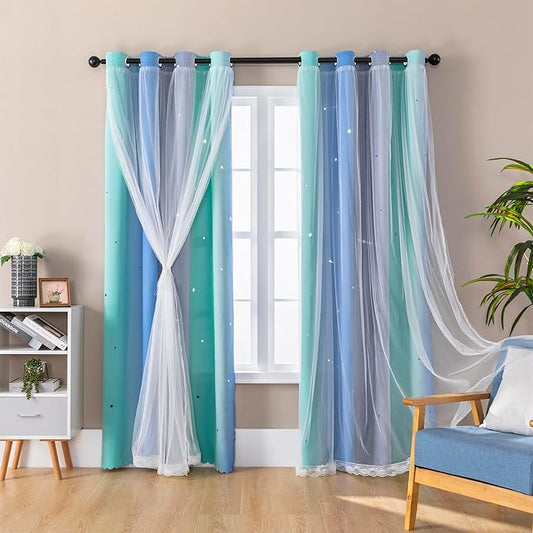 XiDi 90 Inches Curtains for Girls Bedroom 2 Panels Set, Blue Green Grey Blackout Rainbow Grommet Curtains for Kids Room Decor, Unicorn Wall Decals Drapes for Little Girl Nursery Room 34 Inches Wide