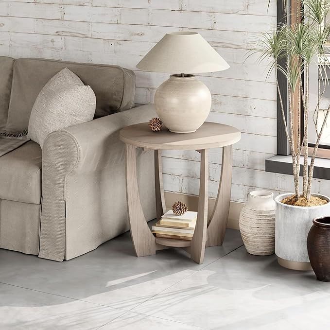 COZAYH Rustic Farmhouse End Table with Storage Shelf, French Country Modern Round Accent Side Table for Small Spaces, Vintage Grey Finish