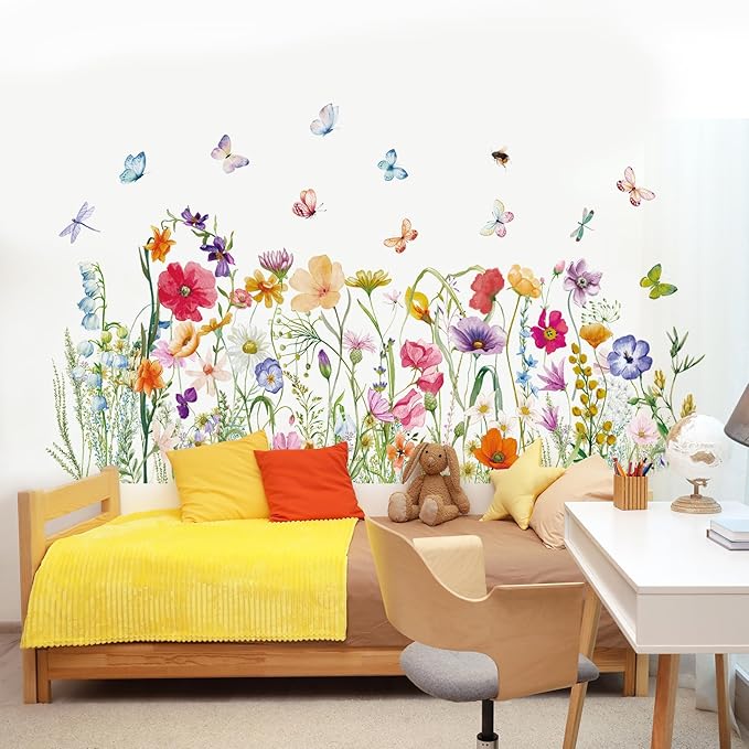 Colorful Flower Wall Sticker Floral Plant Grass Wall Decal Peel and Stick Flowers Butterfly Wall Art Mural Spring Wildflower Wall Sticker Decor for Bedroom Living Room