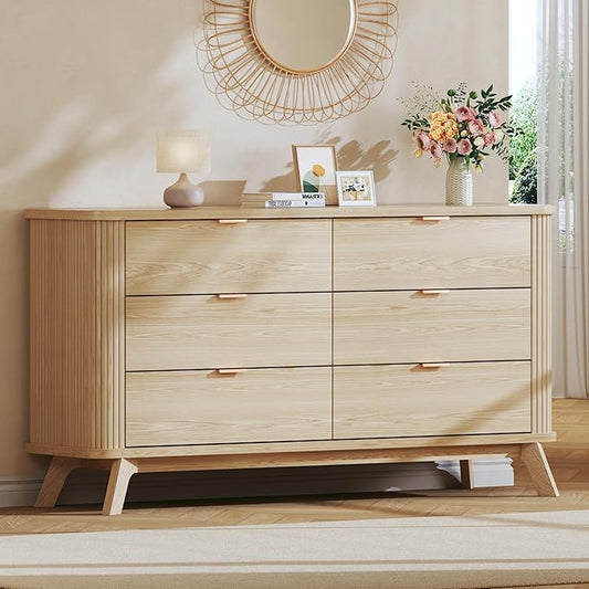 Fluted 6 Drawers Dresser for Bedroom, 55" Mid Century Modern Dresser & Chests of Drawers, Curved Profile Design, Dressers TV Stand, Wood Storage for Hallway, Entryway, Oak