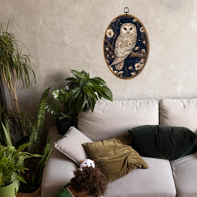 Hiuwevt Enchanted Forest Owl Oval Wall Art Decor, Mystical Whimsical Owl Framed Canvas Prints, Dark Cottagecore Animal Oval Wall Hanging Decor for Home Gallery Decorations, 8.6x11.4 Inches
