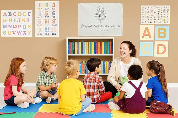 Christian Bible Verses Nursery Wall Decor-Canvas Rectangular Flags Wall Decoration for Baby Kids Girl Boy,Babyroom Bedroom Playroom Decor,Baby Shower Christmas Gift-She is Clothed with Strength