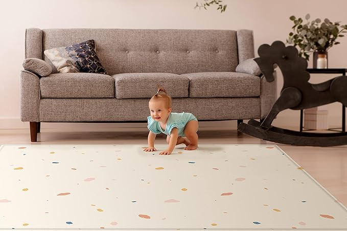 Ultra-Cushioned Premium Baby Play Mat - Jelly Terrazzo & Sage Beige - Made in Korea - Tummy Time Mat with Superior Shock Absorption, Non-Toxic Baby Floor Mats, Water Resistant, Reversible - 75"x51"