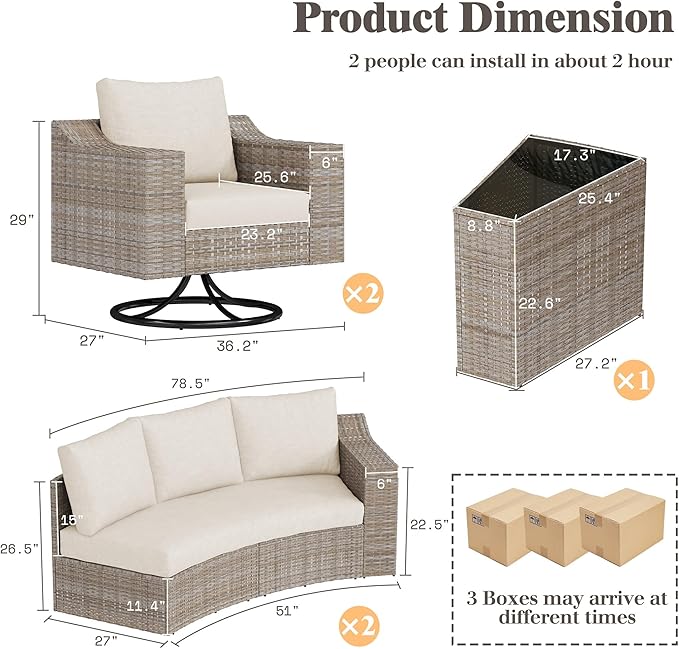9-Piece Wicker Patio Furniture Set with Swivel Rocking Chairs, Curved Sectional Sofa with Storage Table, All-Weather Outdoor Conversation Set with 6" Armrests, for Backyard/Garden/Deck