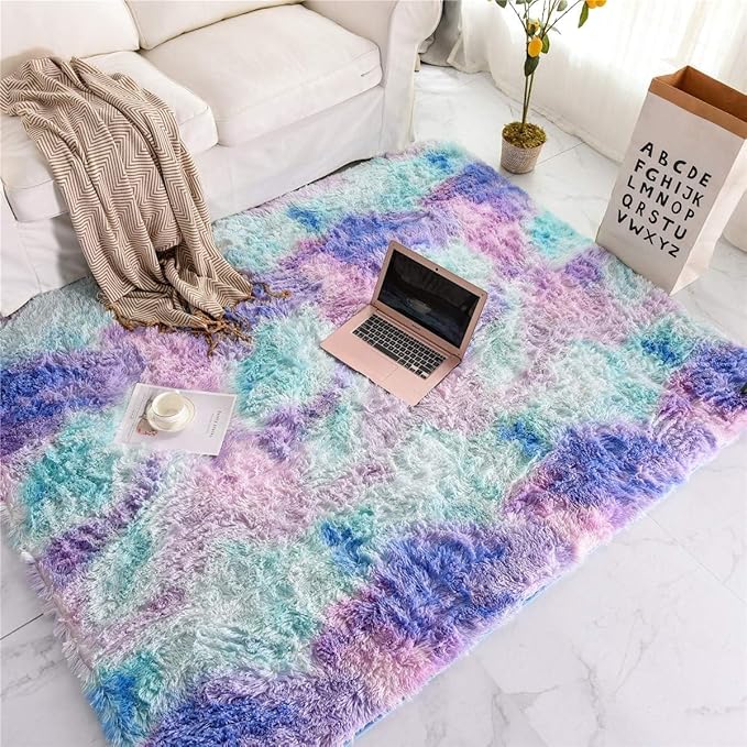 DweIke Fluffy Rainbow Rugs for Bedroom Living Room, 5x8 Feet Soft Plush Shaggy Multicolor Blue Purple Girls Boys Kids Rug, Non-Slip and Machine Washable Carpet for Dorm Nursery Classroom Decor