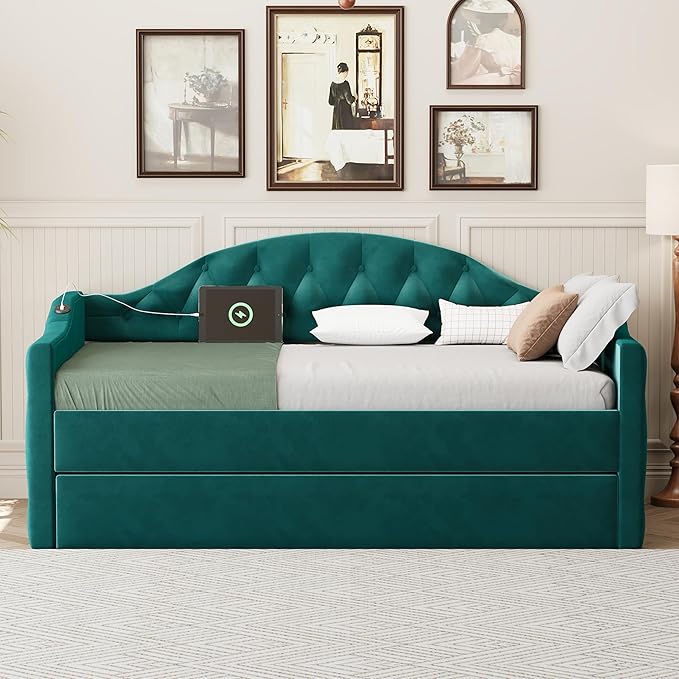 Bellemave Twin Size daybed Frame with Trundle for Adults, Kids, Girls, Teens, Tufted daybeds with Trundle for Living Room, Velvet, (Mattress not Included), Green