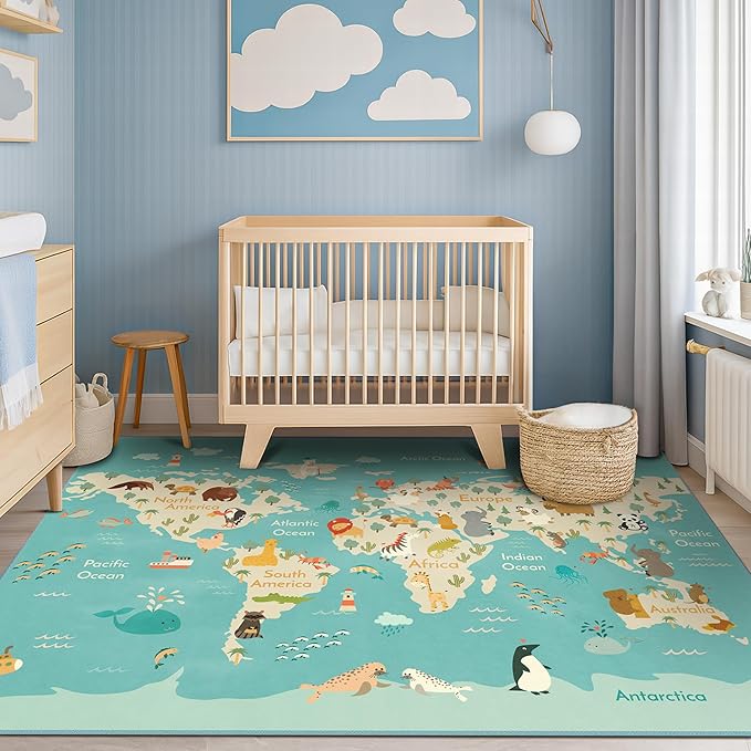 4x6 World Map Kids Rug with Animals – Educational Washable Play Mat for Toddlers, Cute Global Animal, Featuring Continents & Native Wildlife Carpet for Bedroom or Classroom - Blue