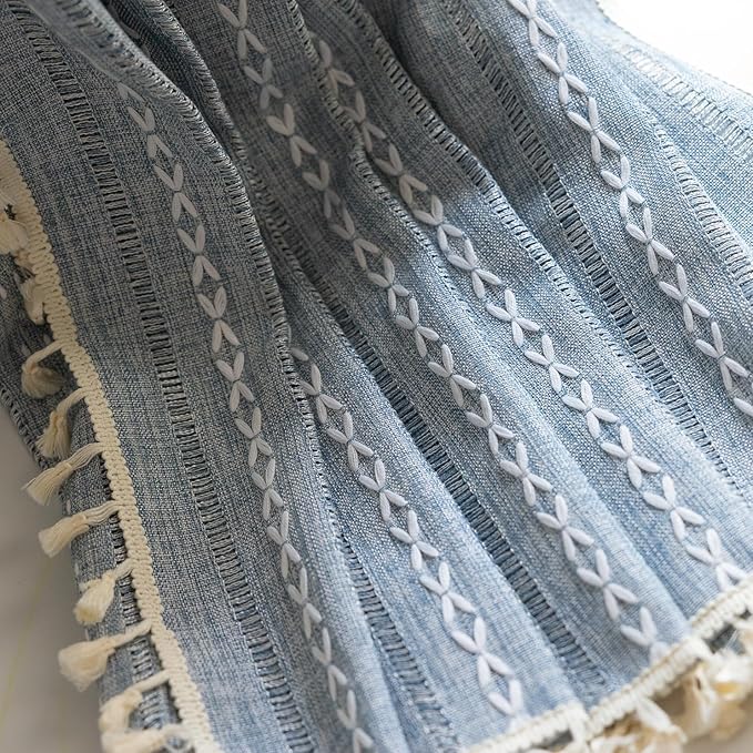 Deeprove Blue Boho Sheer Linen Curtains 72 inches Length for Bedroom Living Room Dining Nursery Closet, Denim Jean Semi Sheer Curtains Darkening Embroidery Drape Window Treatment, 1 Panel W52 x L72