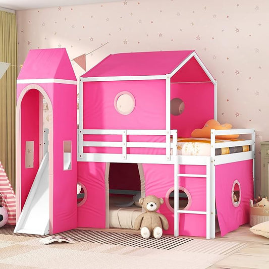 Playhouse Design Full Size Low Loft Bed with Slide & Tent and Tower, Solid Wood Tent Bed Frame for Kids Boys Girls, Versatile Spacious Under Bed Space with Curtains (Pink-TE)