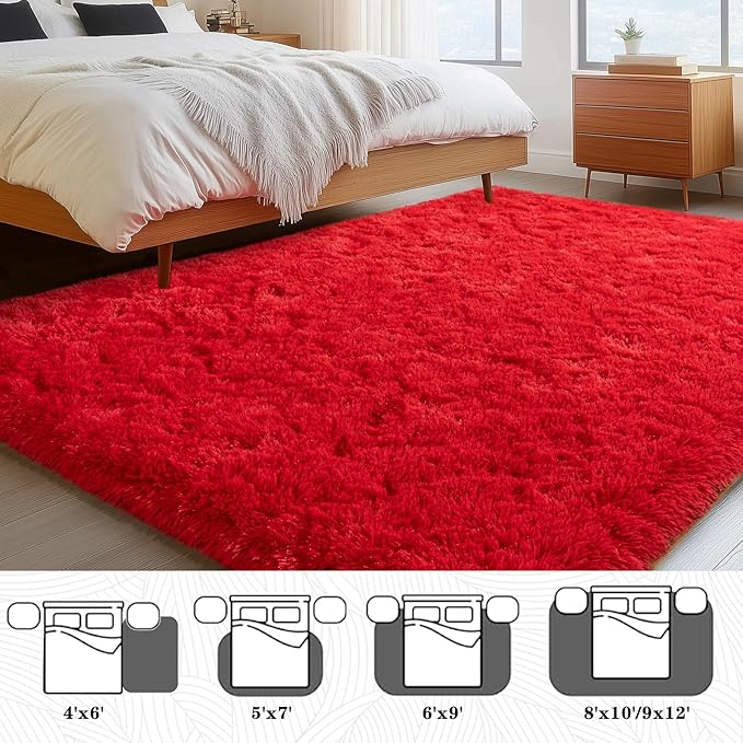 Soft Red Rugs for Bedroom, 4x6 Fluffy Fuzzy Shaggy Rugs for Living Room, Non-Slip Bedside Shag Rug Carpet for Kids Room Nursery Dorm Home Decor