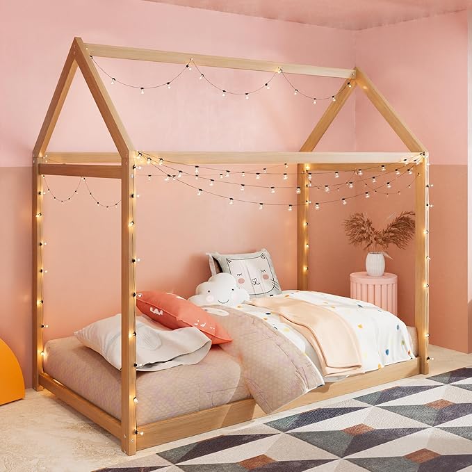 Merax Twin Size Wooden House Bed, Wood Color