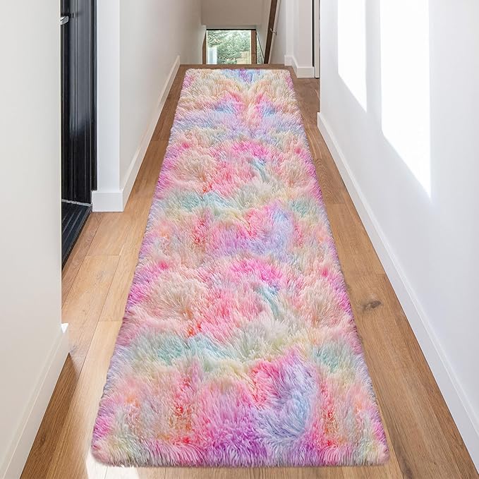 Shaggy Unicorn Rugs for Girls Bedroom Colorful Rainbow Rug for Girls Room 2x8 Runner Rugs for Hallway Living Room Long Plush Fluffy Rug Non Slip Fuzzy Carpet for Kids Room Kawaii Decor