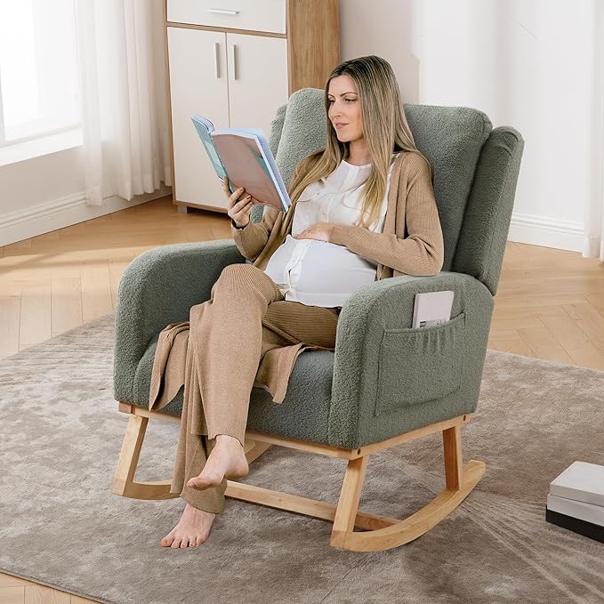 Rocking Chair Nursery, Sherpa Nursing Rocking Chairs, Upholstered Nursery Glider Rocker for Mom Nursery Morden Accent Rocking Chair with Lumbar Pillow for Living Room,Bedroom,Teddy Green