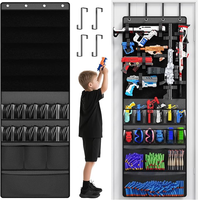 Over The Door Organizer for Toy Guns, Toys Storage Door Hanger with Pockets and Slots for Kids Foam Blasters, Darts, Goggles, Over Door Toys Storage Organizer, for Kids Rooms, Game Rooms, Gray